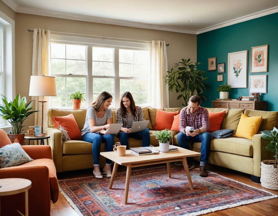 A cozy living room scene showcasing a happy family engaging in home improvement projects, with tools scattered around and colorful home decor in the background. Include a laptop on a coffee table, displaying a blog interface, symbolizing the blogging journey. The atmosphere is warm and inviting, with plants and natural light streaming in. super-realistic. vibrant colors. warm tones.