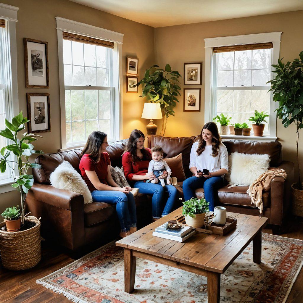 A cozy, sunlit living room filled with family warmth, showcasing a family blogging together at a rustic wooden table. Nearby, vibrant plants, a fluffy pet, and personal touches like family photos and DIY decor create a homely atmosphere. Soft lighting enhances the feel of comfort and bliss. Illustrate the joy and togetherness of family life amidst a blogging environment. super-realistic. vibrant colors. warm tones.