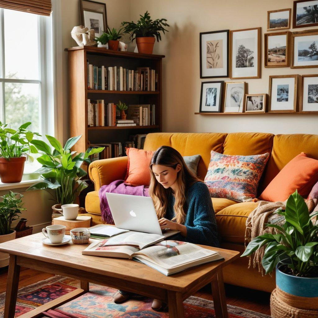 A cozy living room setting filled with warm sunlight, showcasing a blogger at a wooden desk writing on a laptop surrounded by plants and family photos. Include elements of home life like a comfy sofa, a bookshelf filled with colorful books, and a steaming cup of tea. The atmosphere should evoke warmth, creativity, and comfort, inviting readers to embrace the joy of home life. super-realistic. vibrant colors. cozy ambiance.